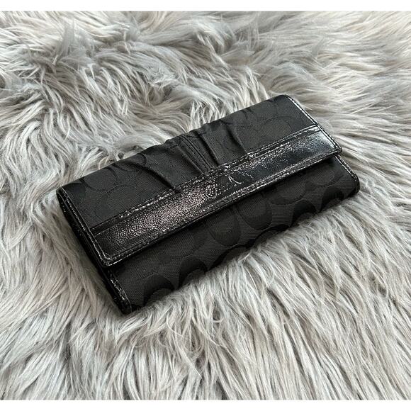 VTG COACH Black Signature 12CM Jacquard Patent Leather Trifold Clutch Wallet Set - Picture 2 of 9